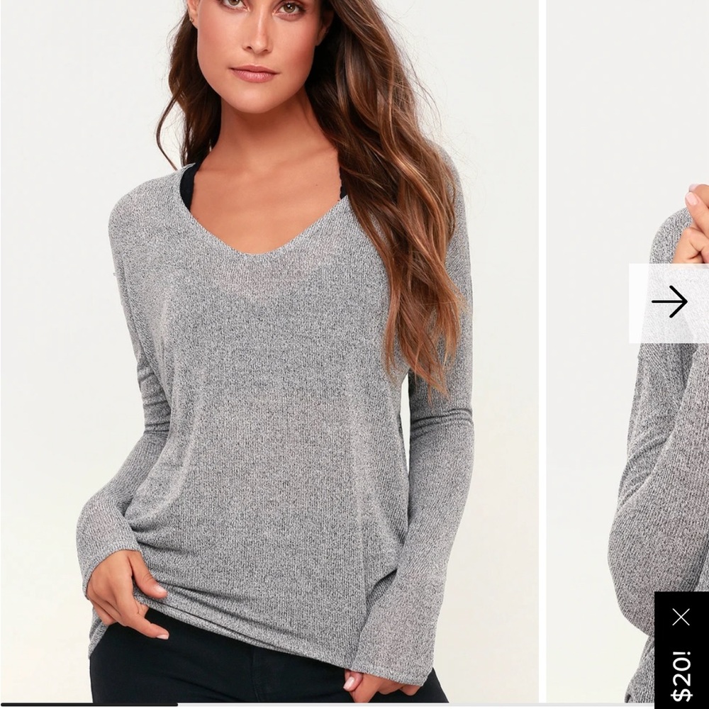 Lulu’s Bevin Heather Grey Knit Long Sleeve V-Neck Sweater Top - Small